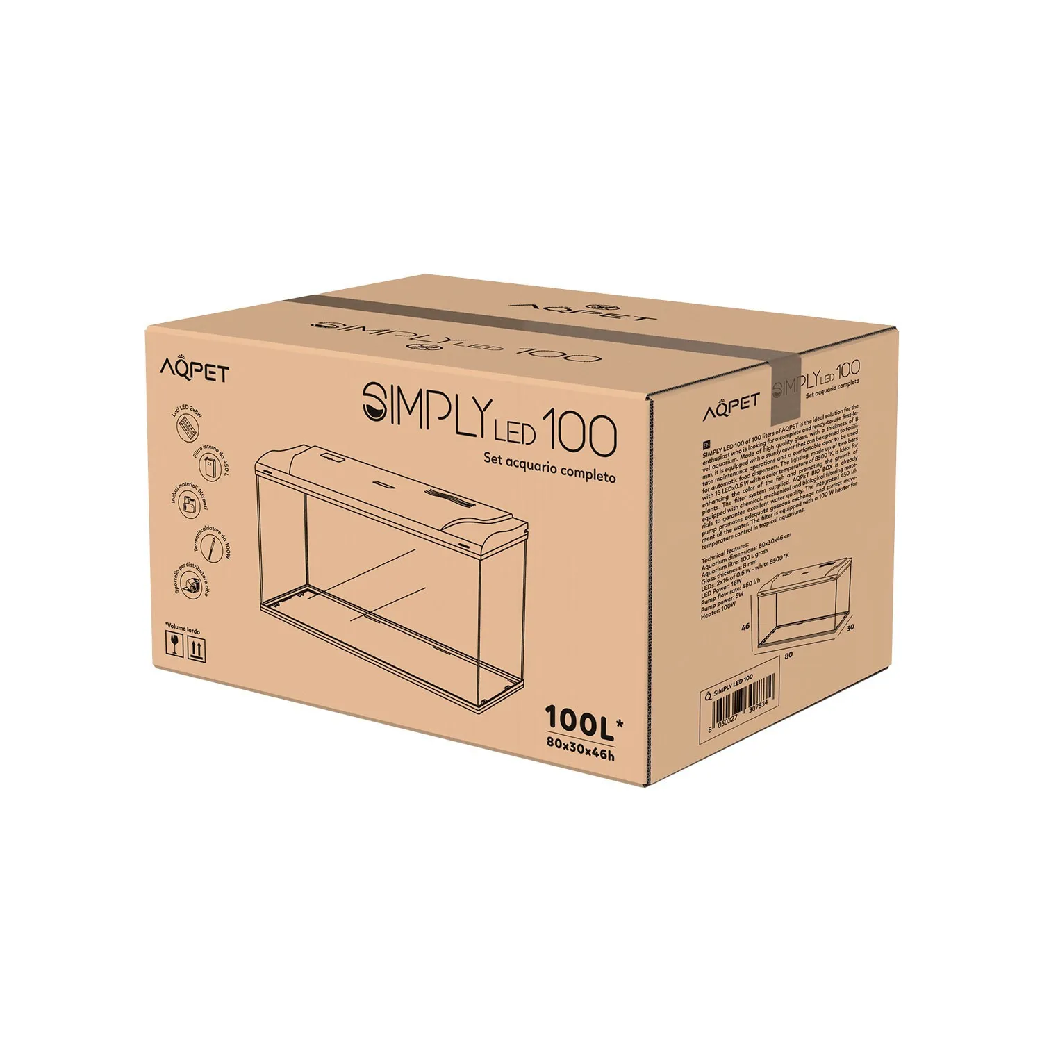 Aqpet Simply Led 100 Nero - Acquario 100 lt - 80x30x46h cm completo di luce, termoriscaldatore e filtro con materiali filtranti