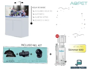 Aqpet Kit Aqua 90 reef completo di tecnica - Acquario marino 90x50x50 cm con sump e supporto, skimmer Deltec, luci e pompe Aqpet