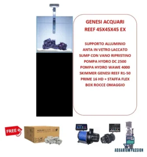 Genesi Acquari Reef Plus Nero 45x45x45 cm COMPLETO di TECNICA - Acquario marino in vetro extrachiaro