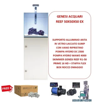 Genesi Acquari Reef Plus Bianco 50x50x50 cm COMPLETO di TECNICA - Acquario marino in vetro extrachiaro con sump e supporto