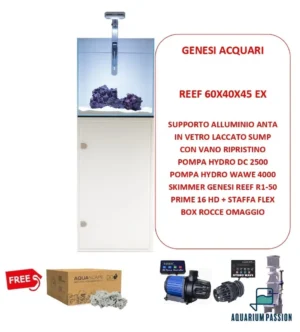 Genesi Acquari Reef Plus Bianco 60x40x45 cm COMPLETO di TECNICA - Acquario marino in vetro extrachiaro con sump e supporto