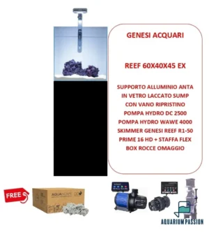 Genesi Acquari Reef Plus Nero 60x40x45 cm COMPLETO di TECNICA - Acquario marino in vetro extrachiaro con sump e supporto