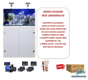 Genesi Acquari Reef Plus Bianco 100x50x50 cm COMPLETO di TECNICA - Acquario marino in vetro extrachiaro con sump e supporto