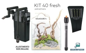 Aqpet Kit 40 Fresh - Acquario in vetro extrachiaro 64 lt 40x40x40h cm completo di filtro a zainetto, luce led e riscaldatore