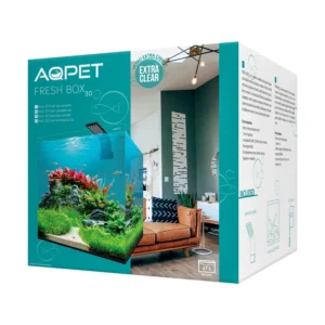 Aqpet Kubic Fresh Box 30 - Acquario in vetro extrachiaro 27 lt completo di filtro a zainetto, luce led, sabbia, legno e rocce